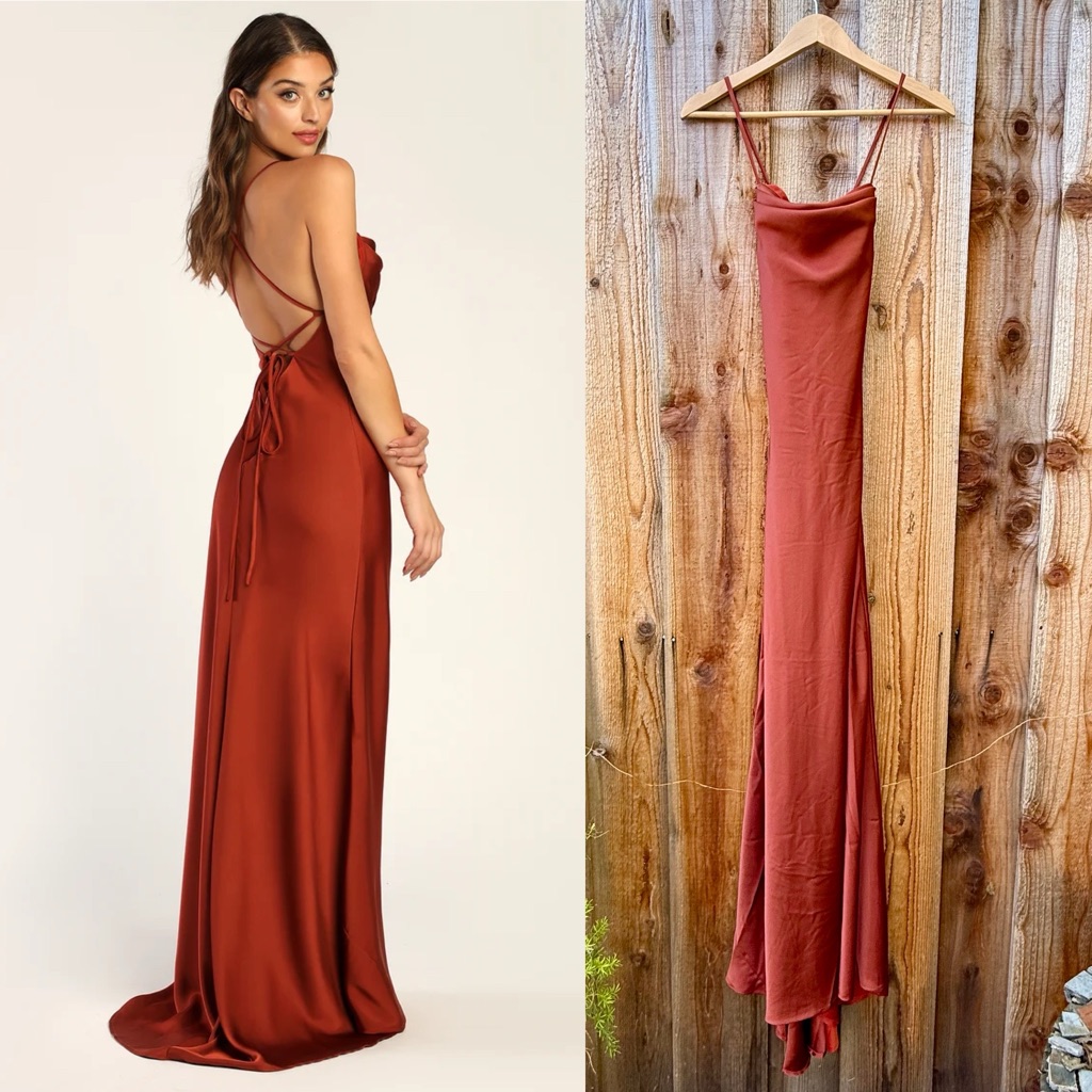Rust Brown Satin Cowl Neck Lace-Up Backless Maxi Dress W/ Train